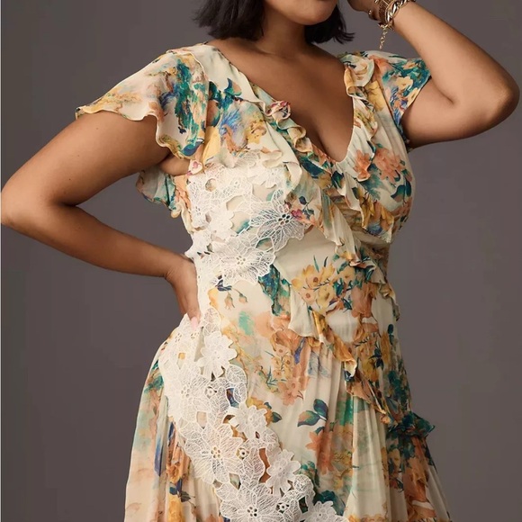 Anthropologie V-Neck Ruffle Lace Midi Slip Dress - Picture 3 of 10